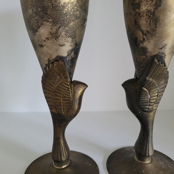 Vintage Heavy Plated Silver Egyptian Revival Bird Toasting Goblets - set of two - Picture 2 of 12